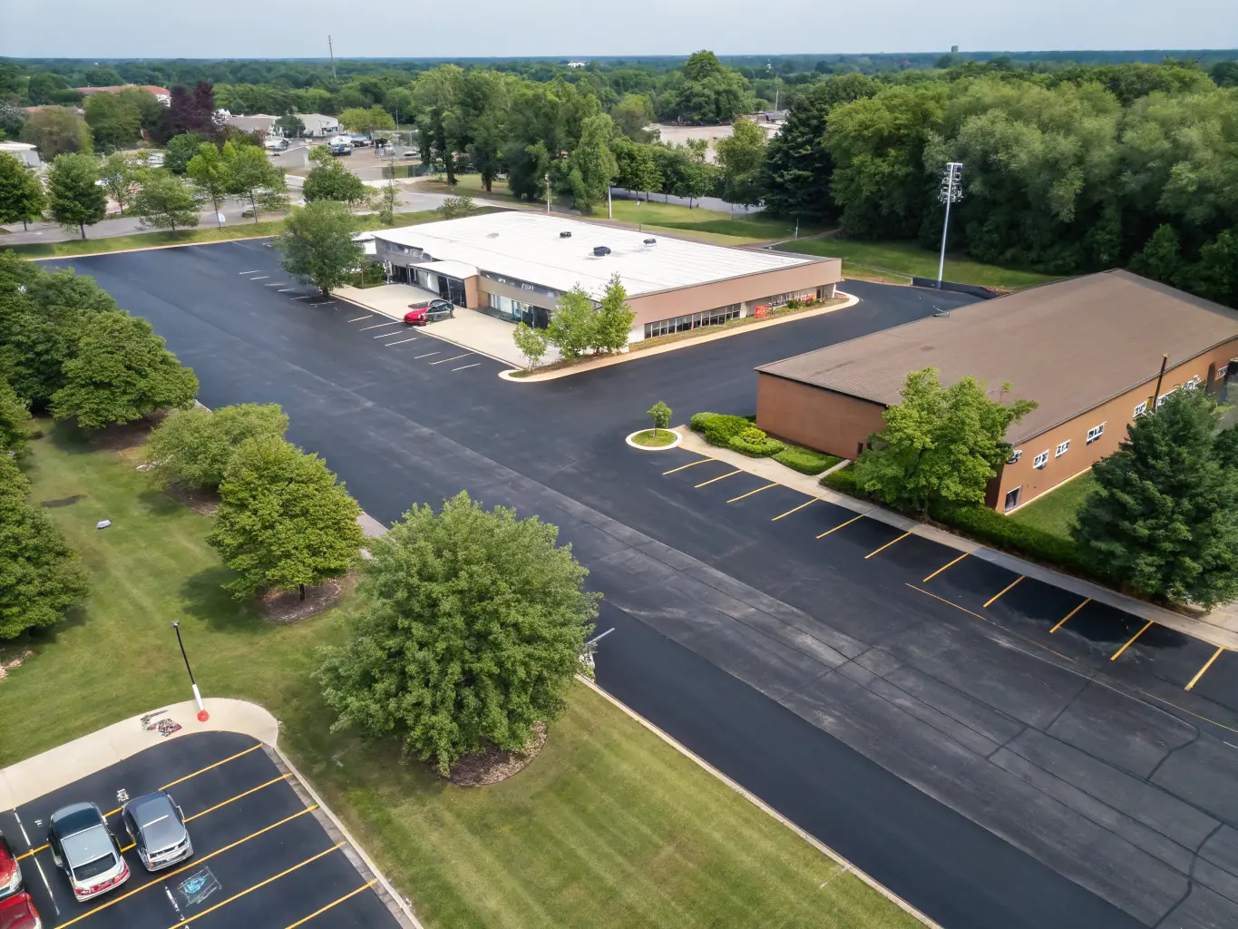 A commercial parking lot with a newly applied sealcoat, showing a uniform black surface with crisp parking lines and enhanced visibility.