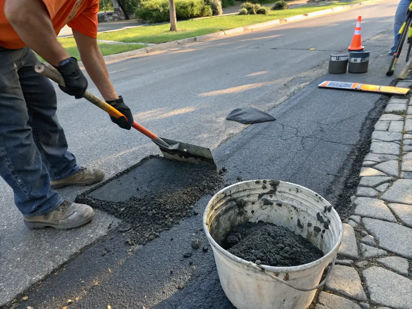 An image showcasing asphalt repair work, with workers filling cracks and patching damaged areas of a parking lot. The image highlights the attention to detail and quality of the repair work.