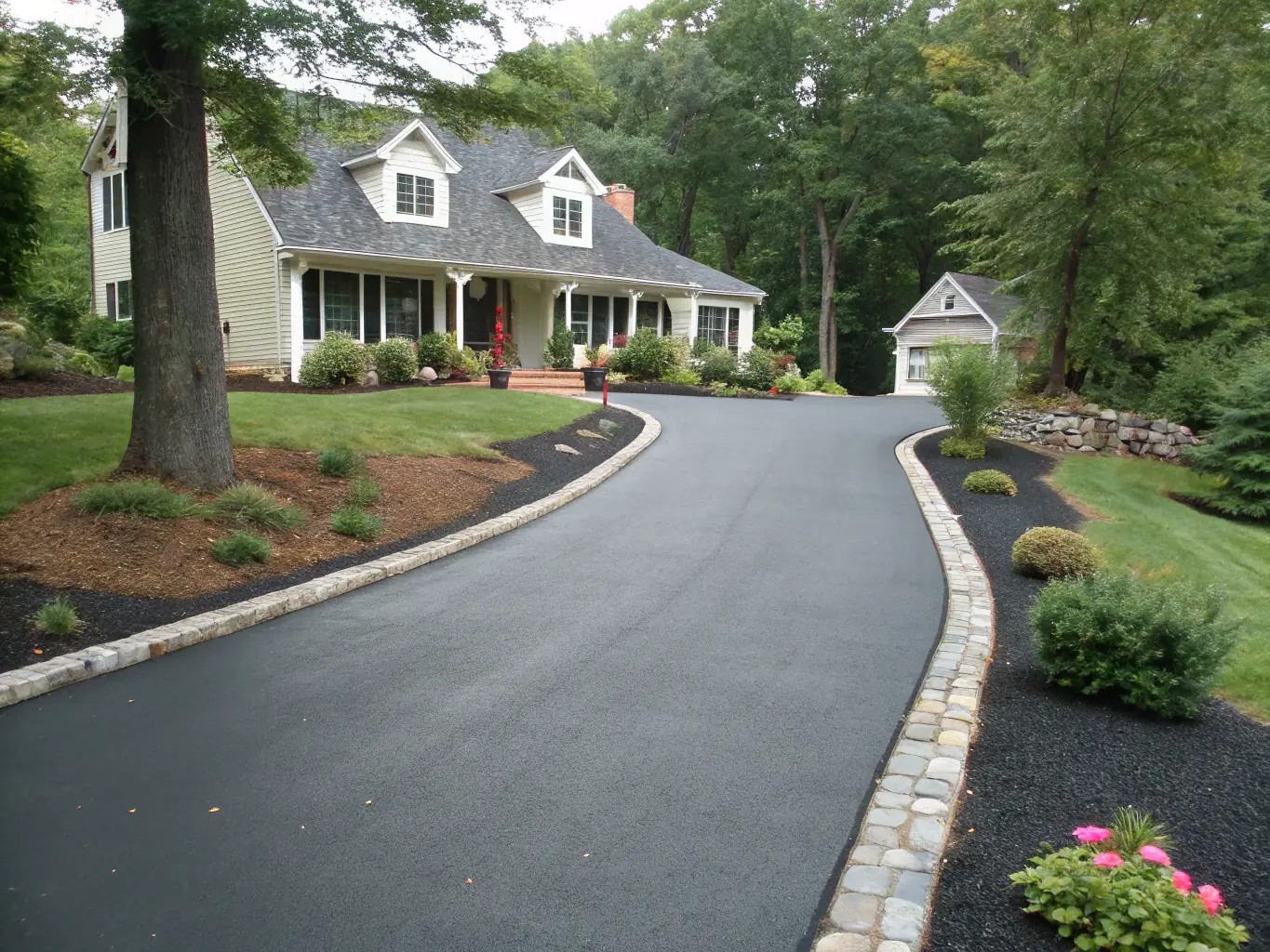 A high-angle shot of a newly paved asphalt driveway, showcasing its smooth, even surface and professional finish. The driveway leads up to a well-maintained house with landscaping.